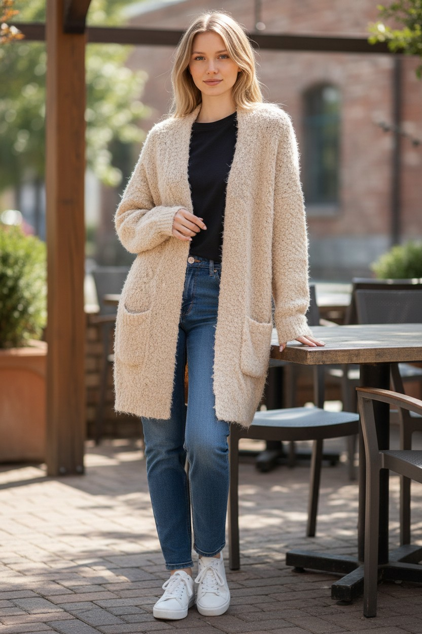 Cárdigan largo de lana beige