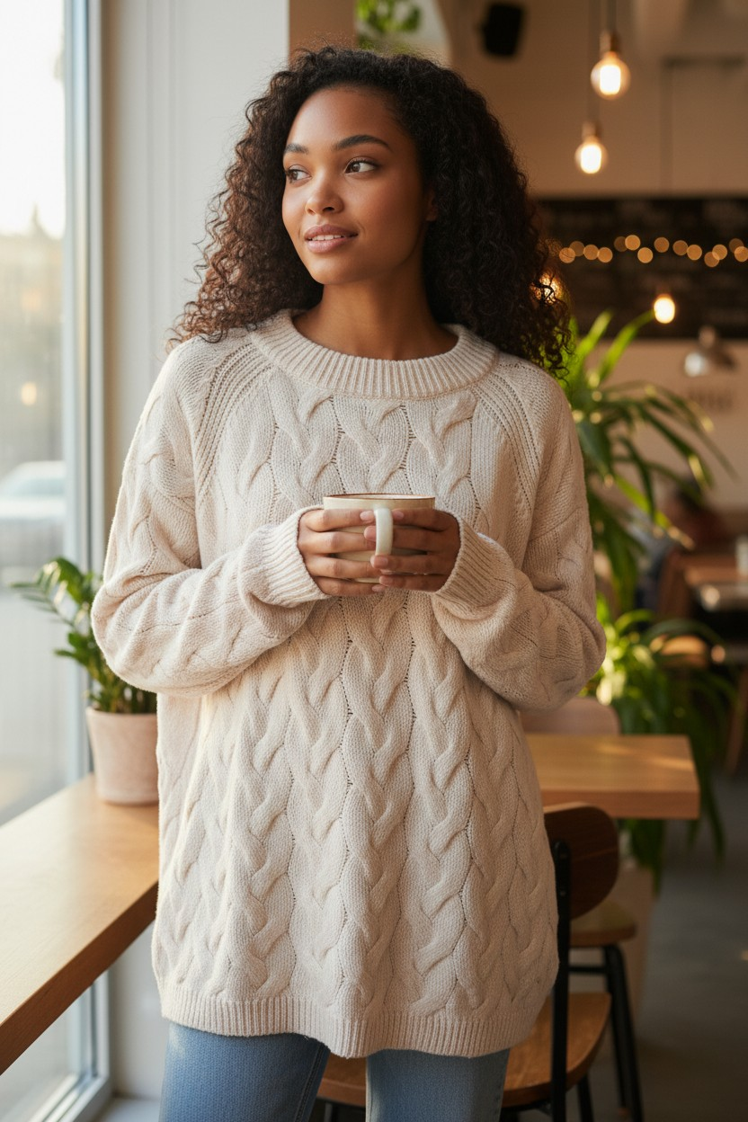 Suéter beige de punto grueso - miniatura 1