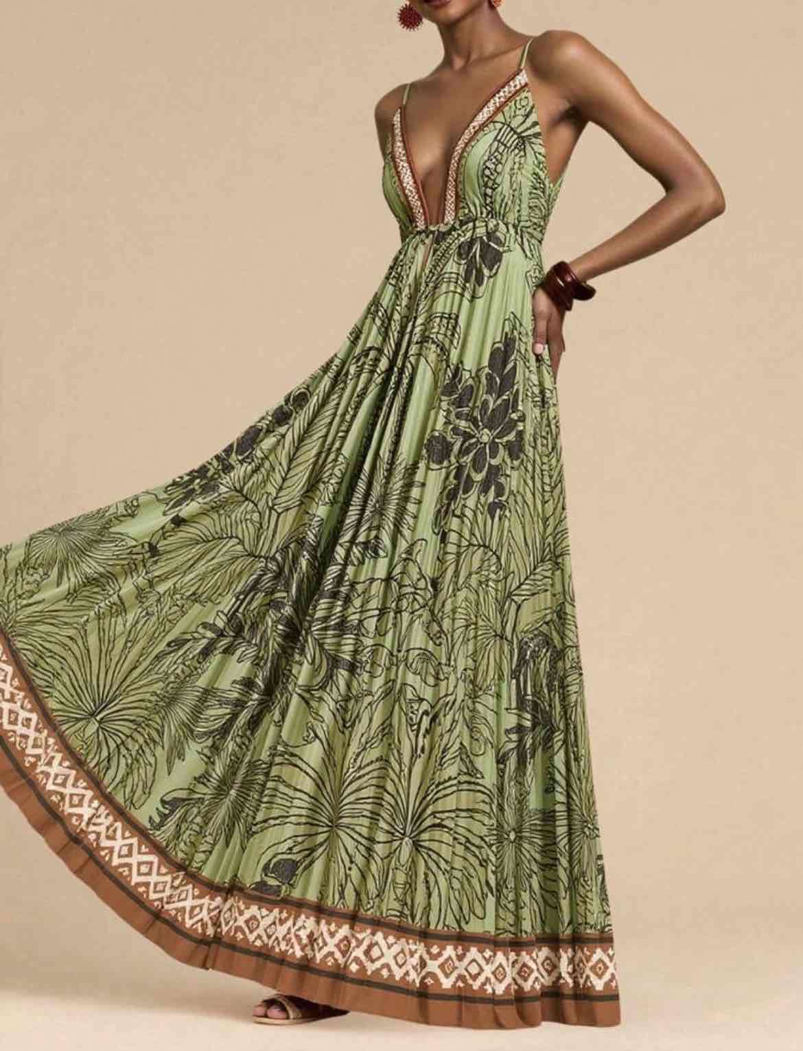 Vestido largo verde estampado - 1