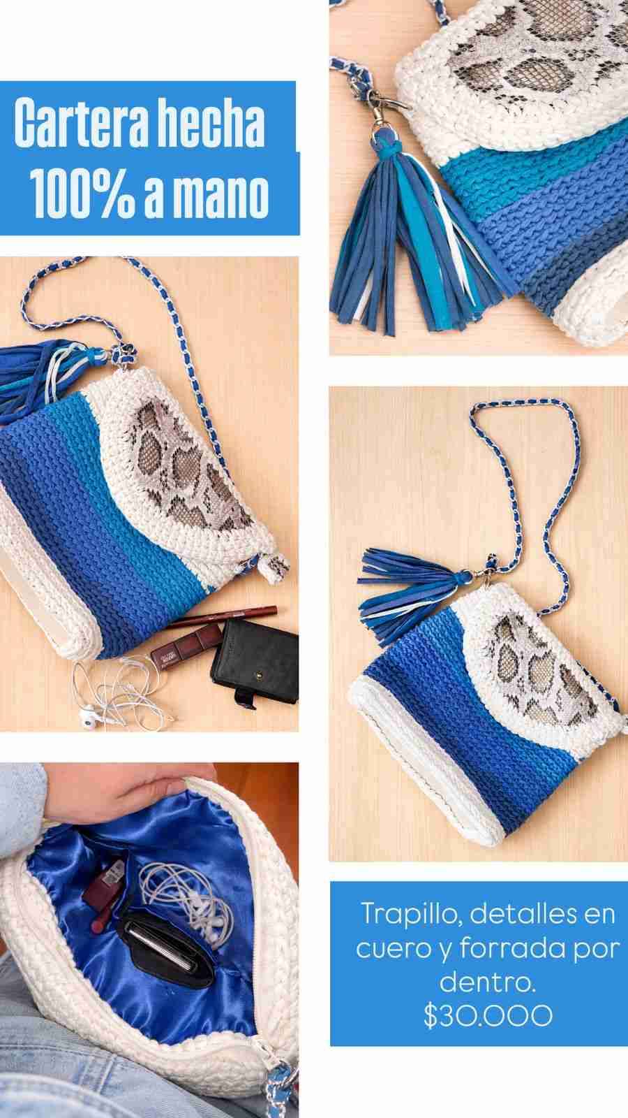 Cartera tejida azul y blanca - miniatura 2