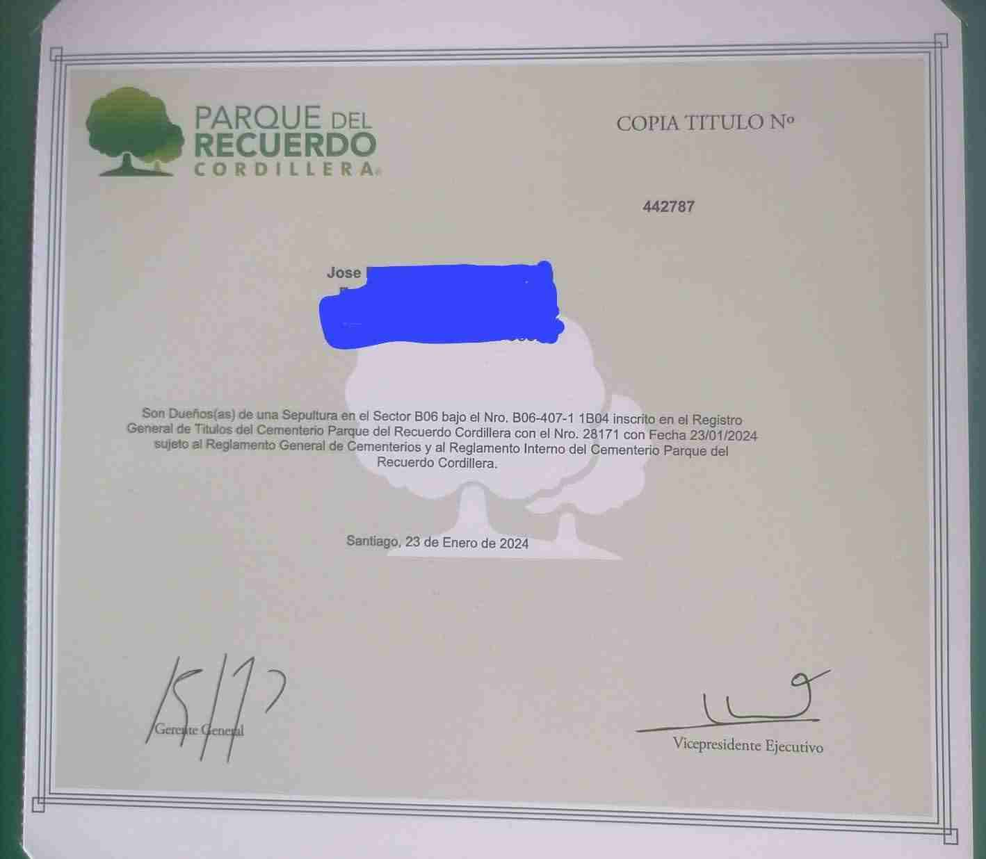 Título de sepultura Parque del Recuerdo