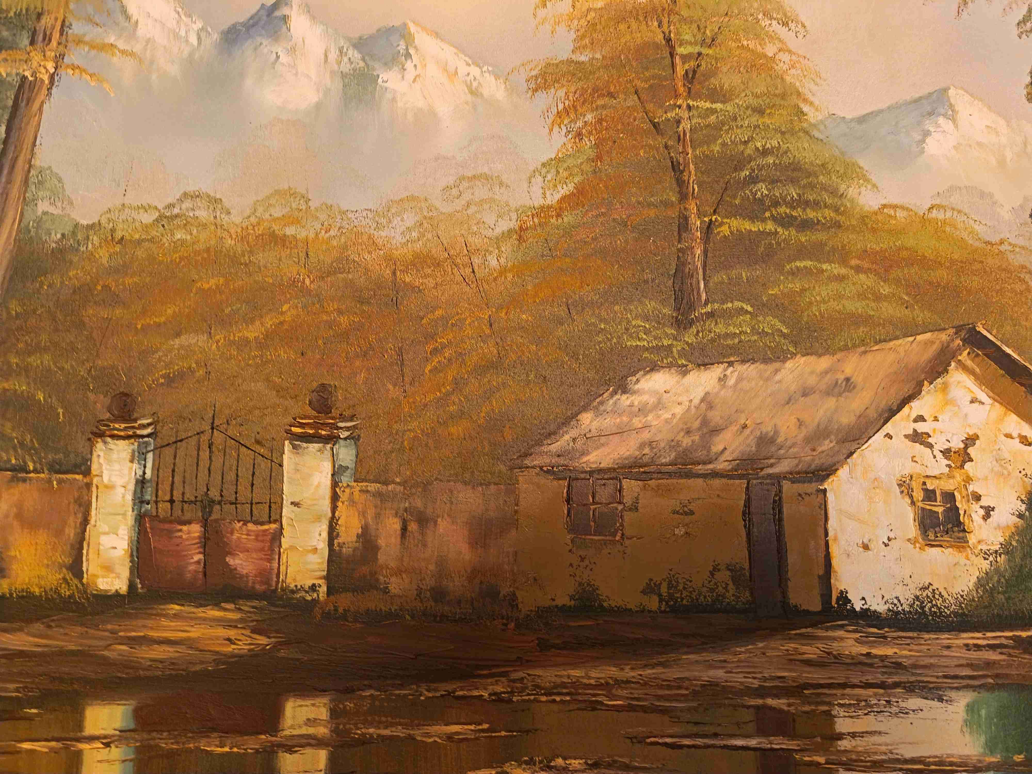 Cuadro Óleo paisaje casa de campo con marco dorado - miniatura 2