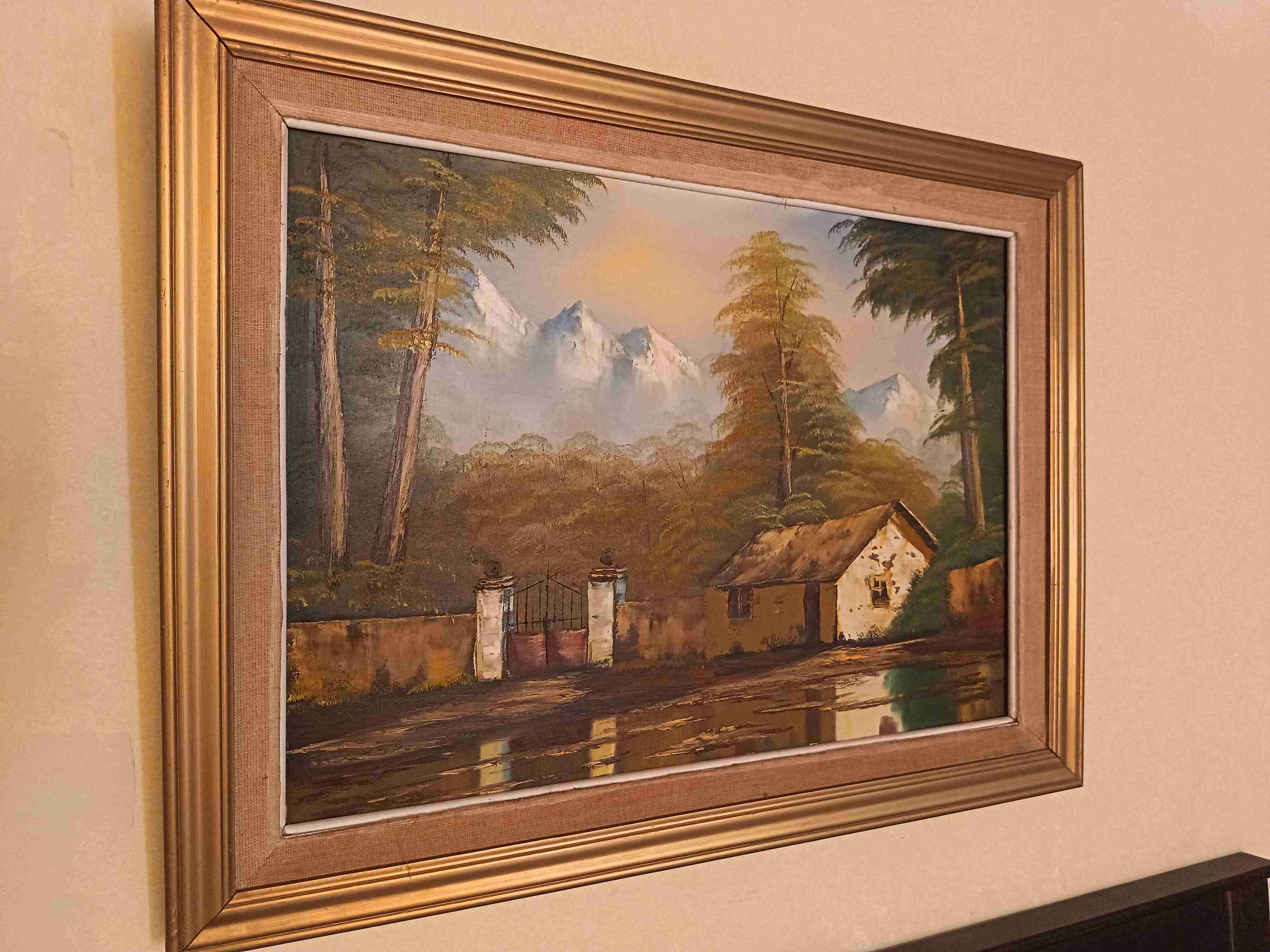 Cuadro Óleo paisaje casa de campo con marco dorado - miniatura 4