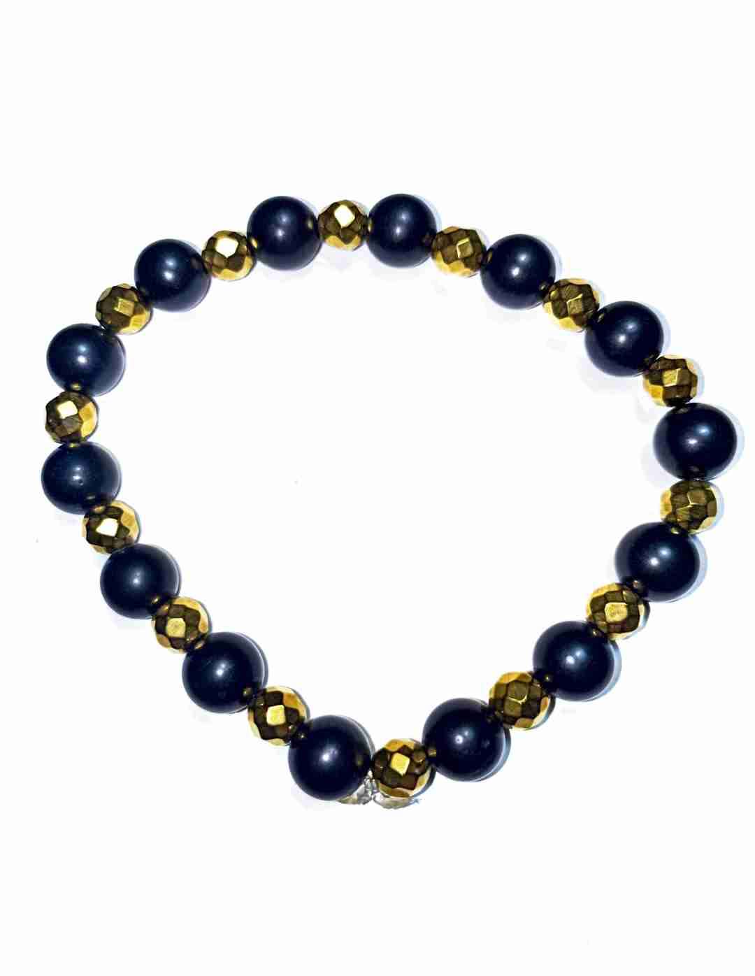 Pulsera de cuentas Shungita negras y doradas - 1