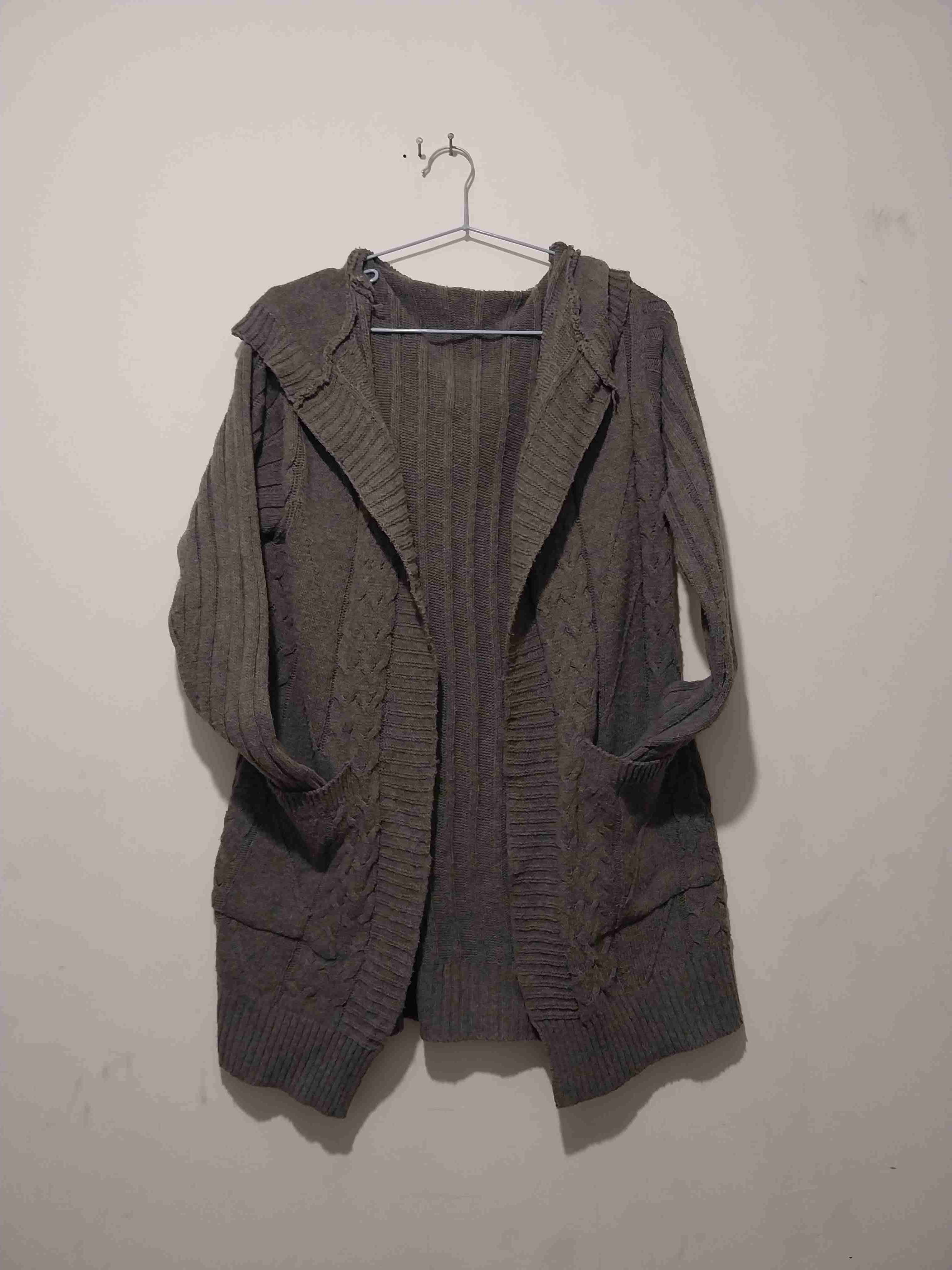 Cárdigan largo gris con capucha - miniatura 1