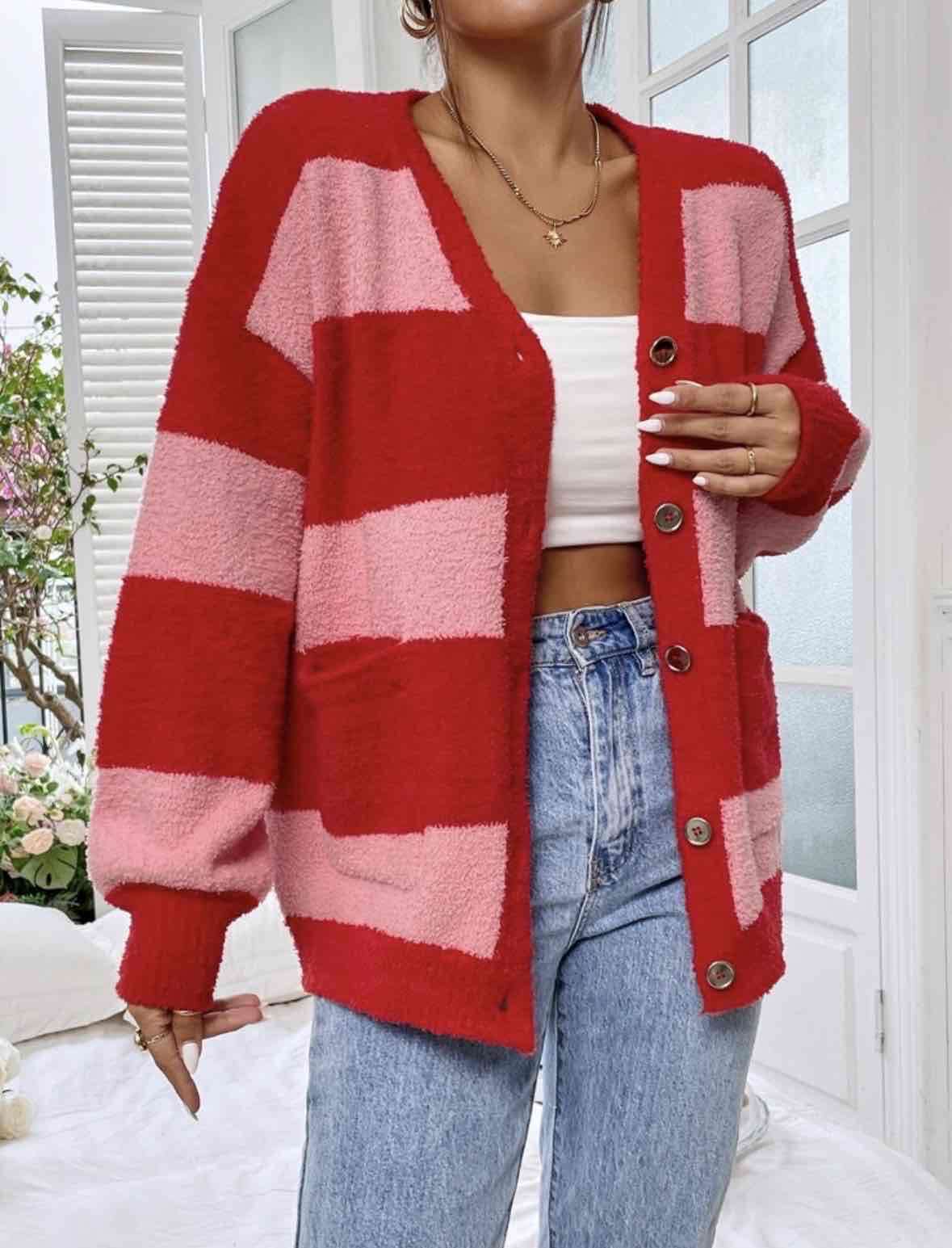 Cardigan rayado rojo y rosado. SHEIN TALLA L NUEVO - miniatura 1
