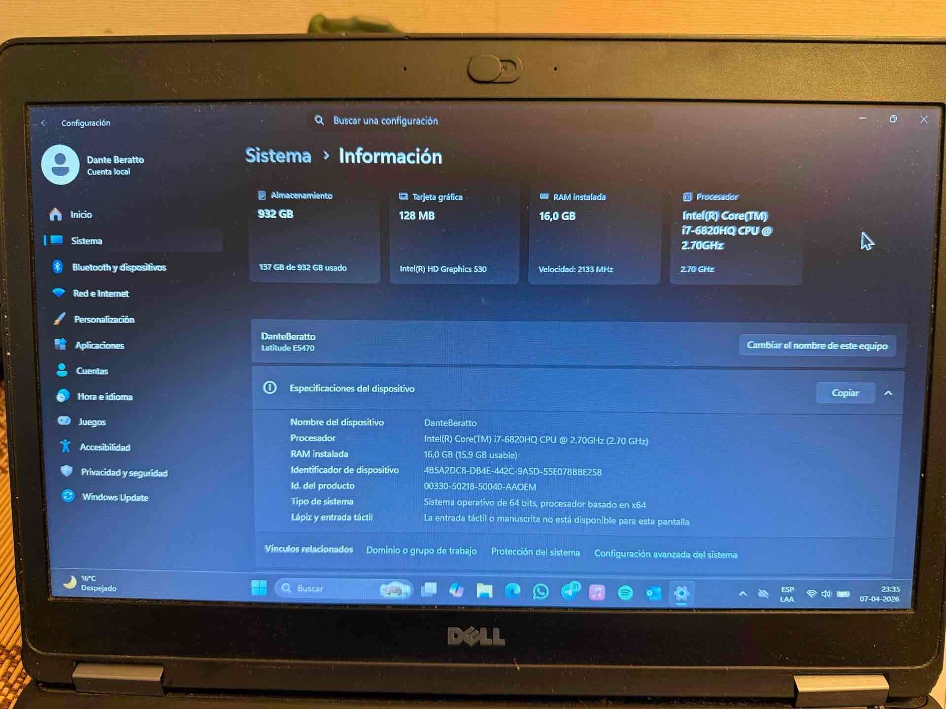 Laptop Dell con i7 y 16GB RAM - miniatura 2