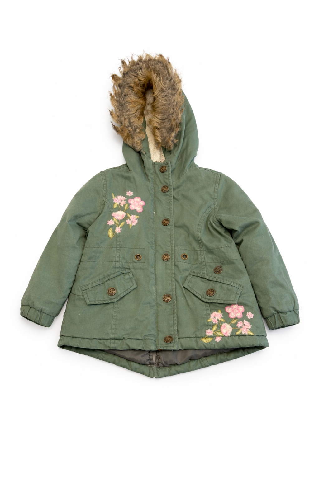 Abrigo verde con capucha y flores bordadas - 1