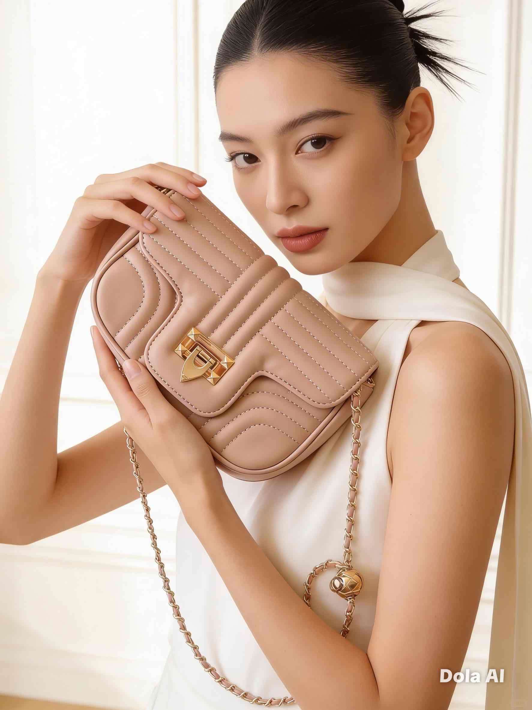 Cartera beige con cadena dorada - miniatura 1