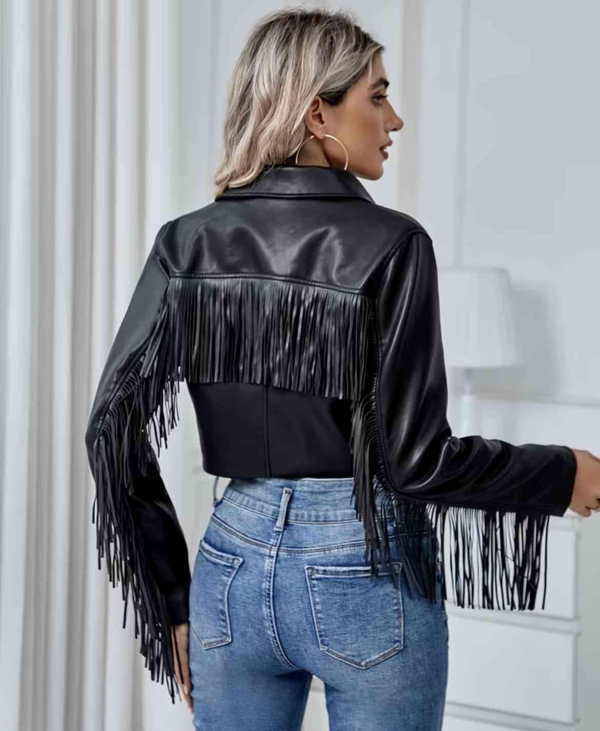 Chaqueta de cuero con flecos negra - miniatura 2