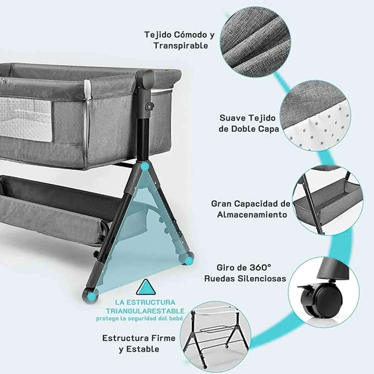 Cuna colecho gris con cortina - miniatura 3