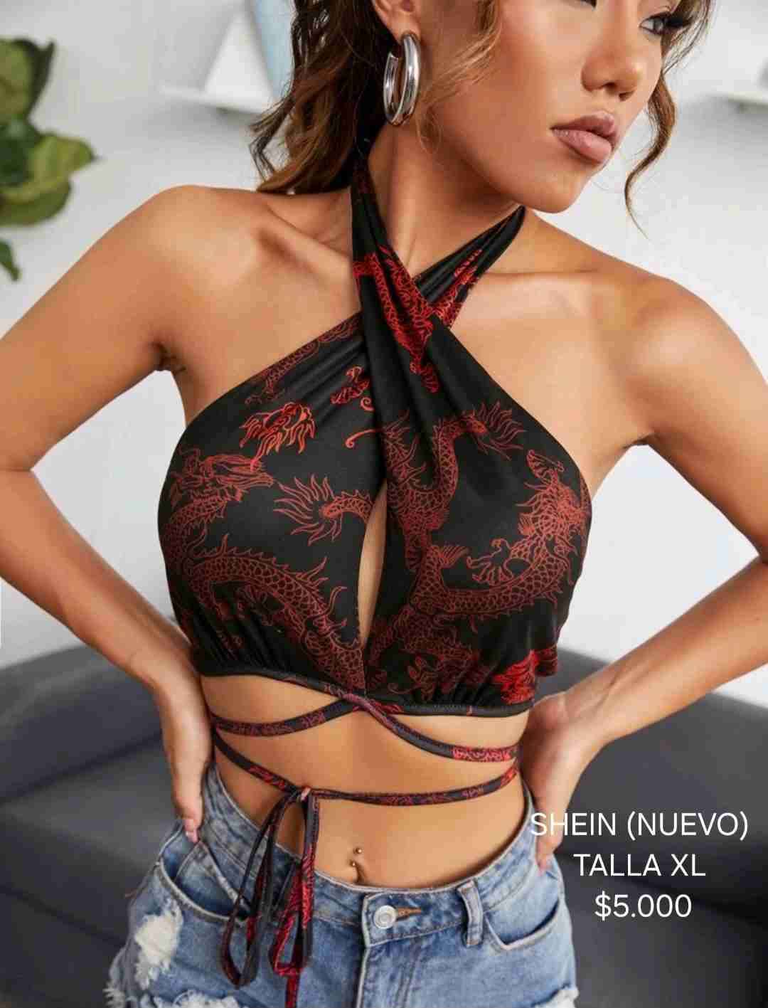 Top shein negro con estampado de dragón xl - 1