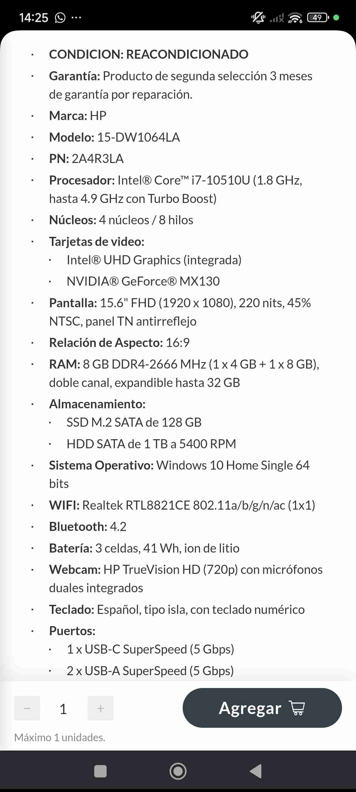 Laptop HP 15-DW1064LA Reacondicionada - miniatura 1