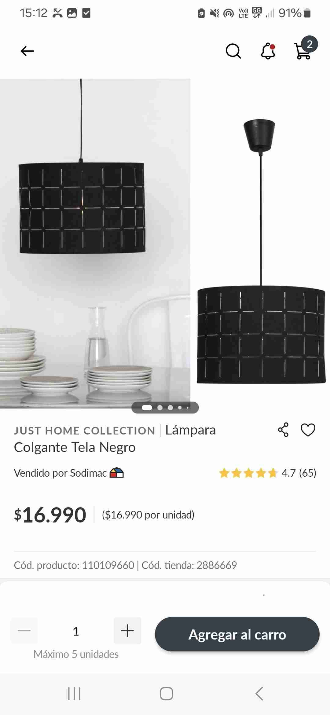 Lámpara colgante tela negra