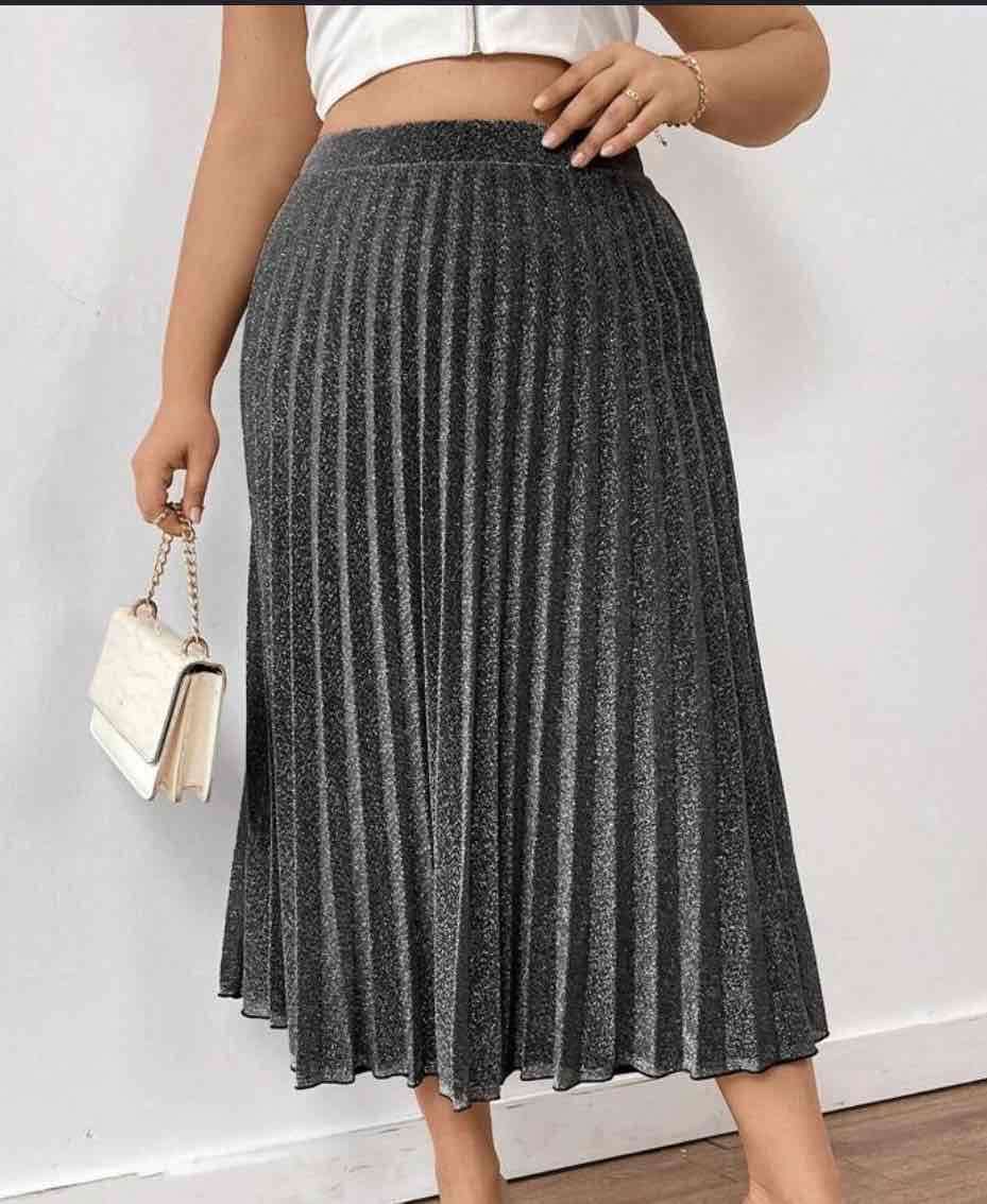 Falda midi plisada gris con brillos - miniatura 3