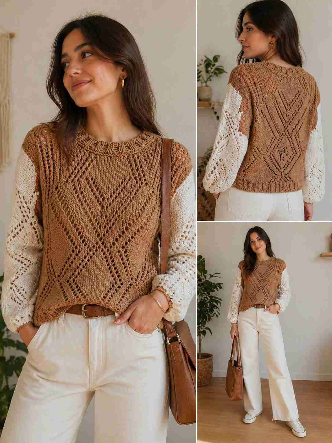 Suéter tejido marrón y blanco.  Nuevo!!!, talla M - miniatura 3