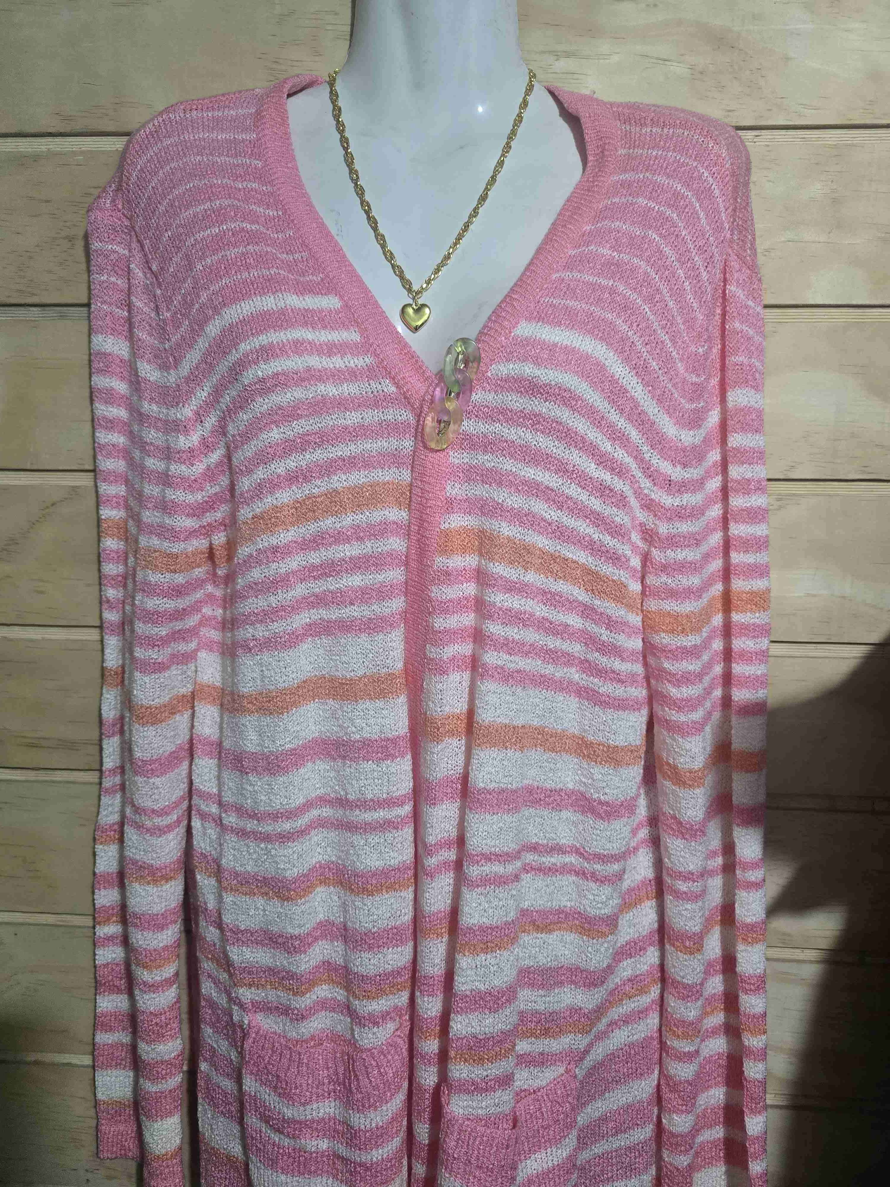 Cárdigan largo a rayas rosas - miniatura 3