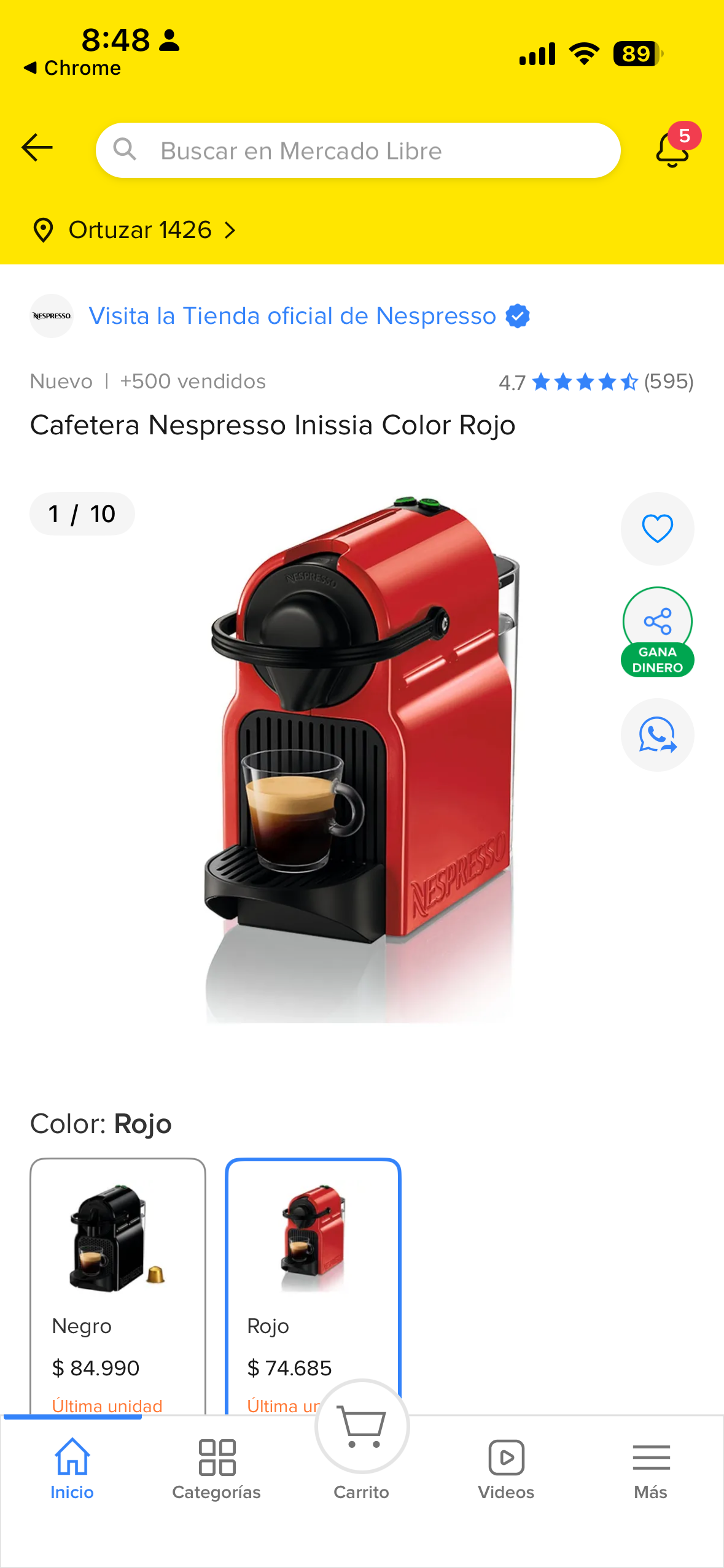 Cafetera Nespresso Inissia Roja - miniatura 1