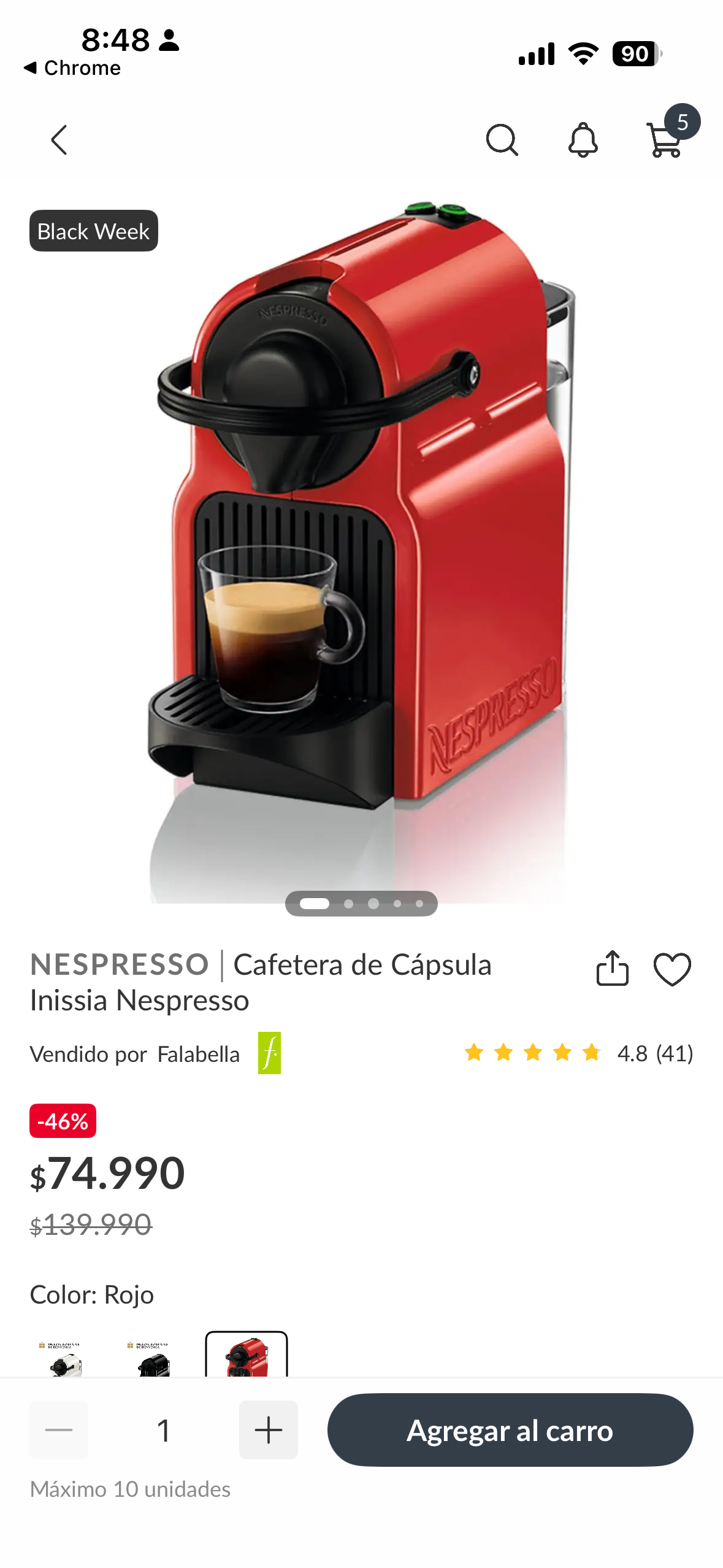 Cafetera Nespresso Inissia Roja - miniatura 2