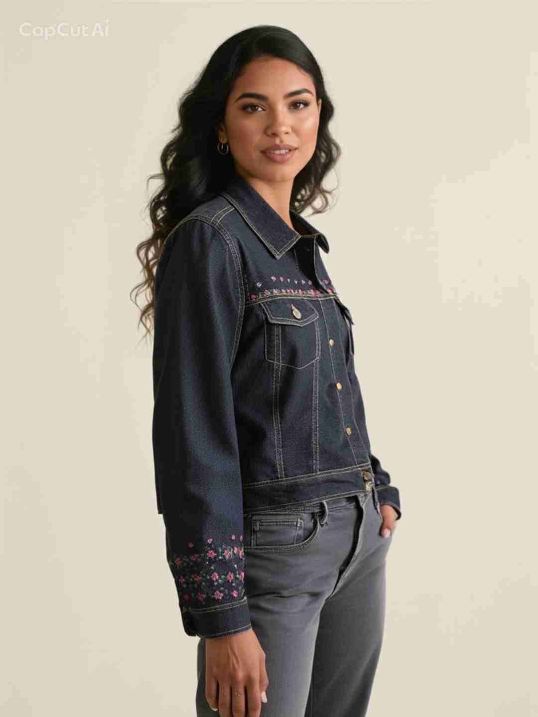 Chaqueta de mezclilla negra con flores pintadas - miniatura 2