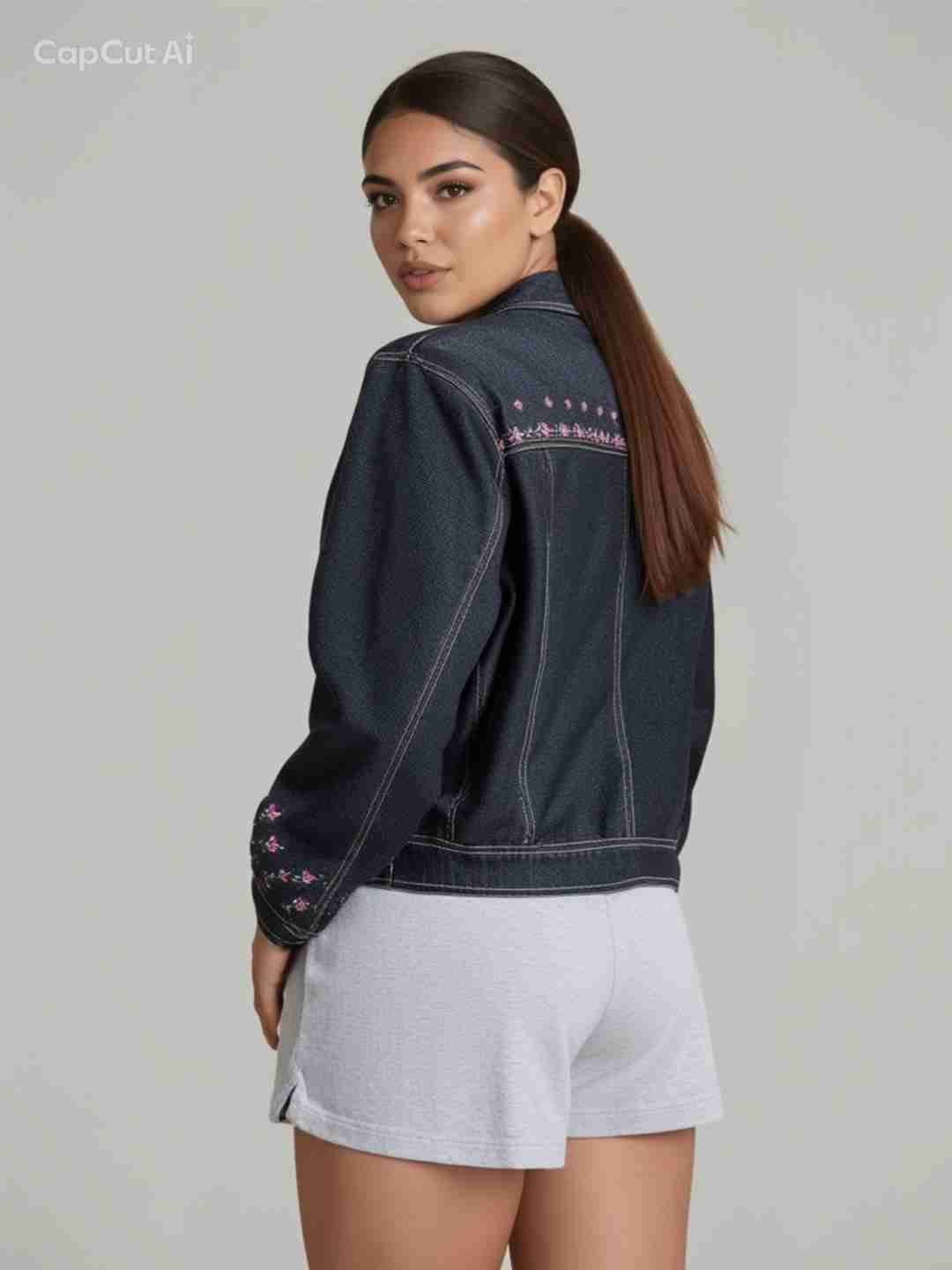 Chaqueta de mezclilla negra con flores pintadas - miniatura 3