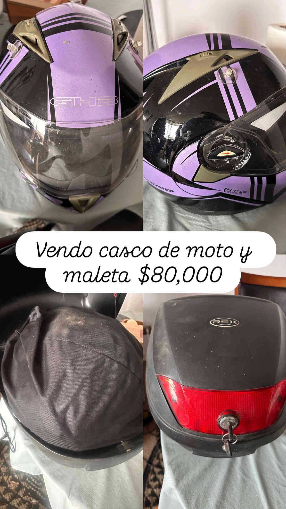 Casco de moto GHs negro y morado y maleta