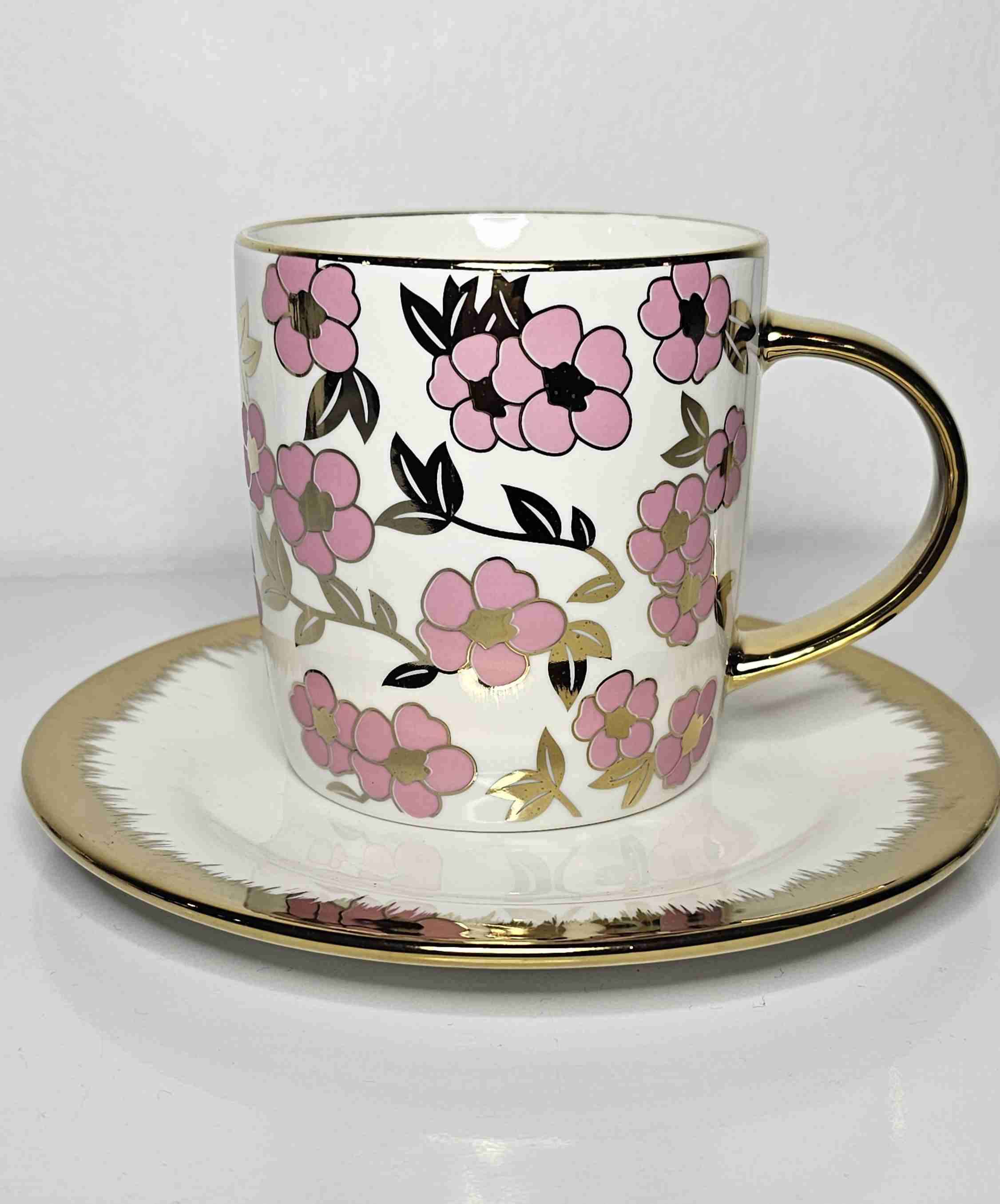Taza floral con bordes dorados - miniatura 1
