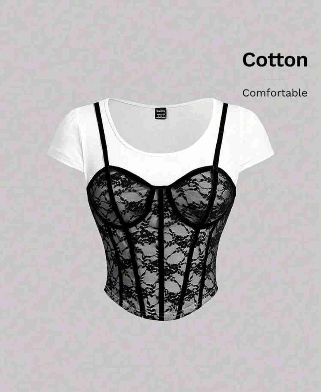 Top blanco encaje negro Shein - miniatura 1