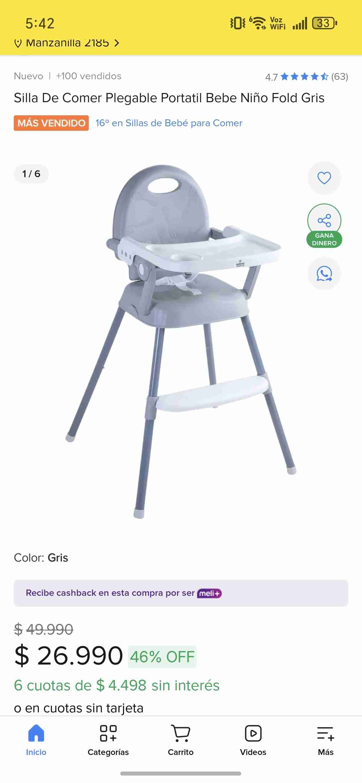 Silla de comer plegable gris - miniatura 1