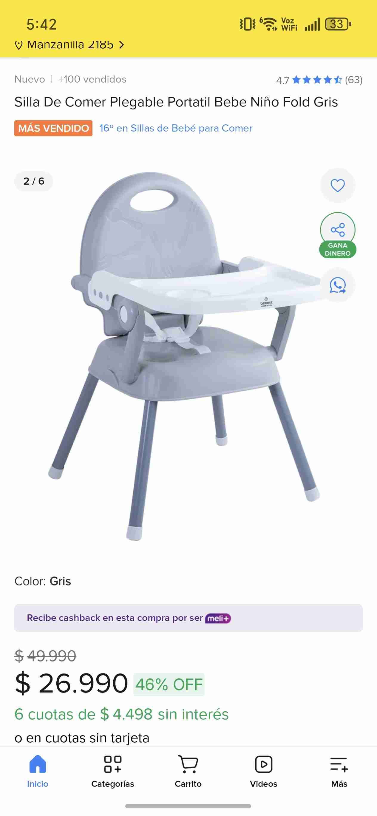 Silla de comer plegable gris - miniatura 2