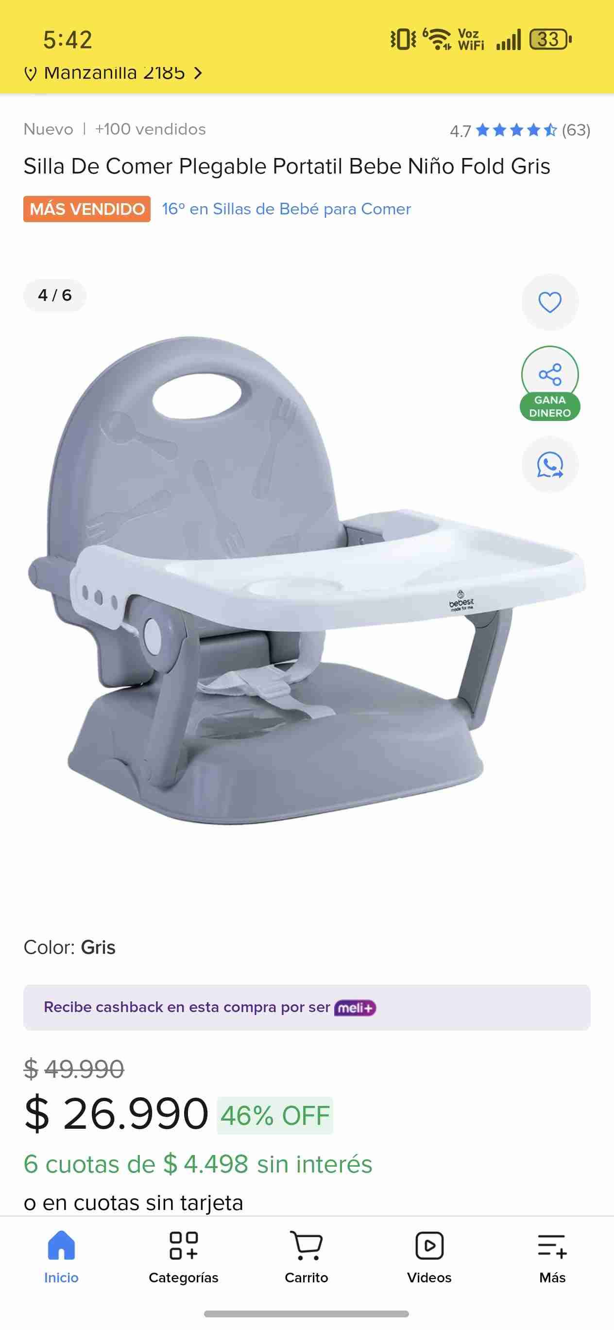 Silla de comer plegable gris - miniatura 3