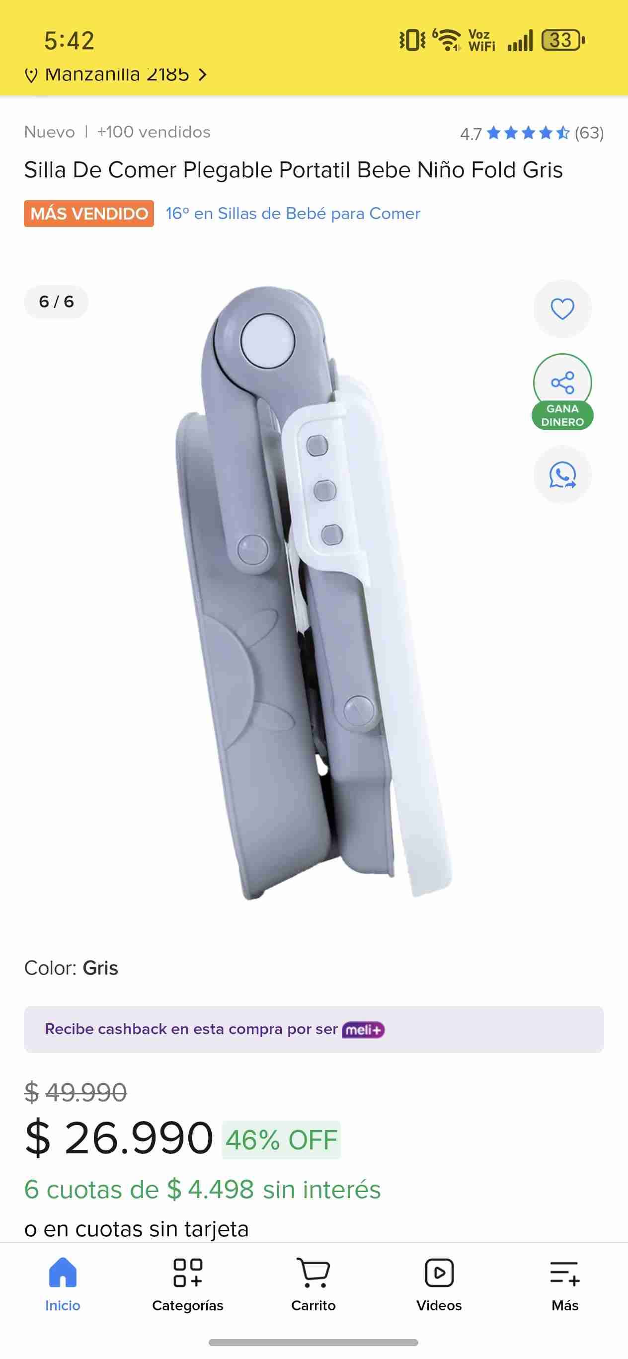 Silla de comer plegable gris - miniatura 4