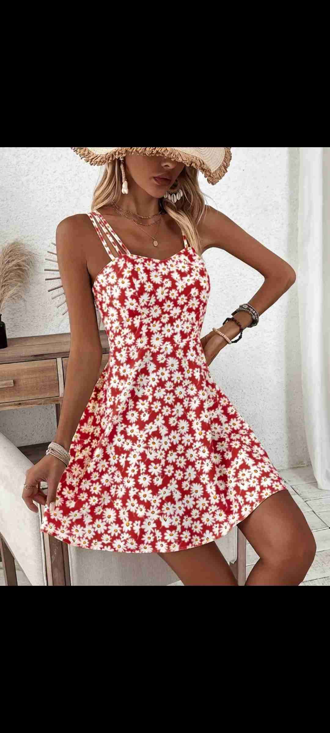 Vestido rojo floreado verano - miniatura 2