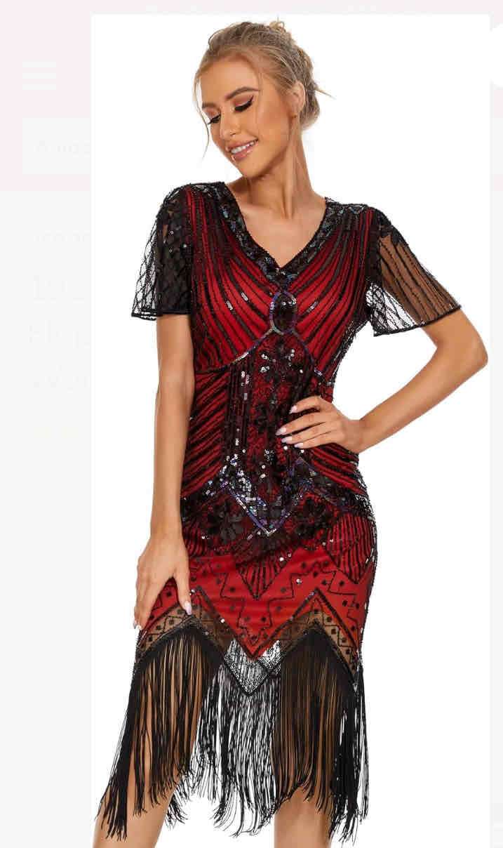 Vestido flecos rojo y negro - miniatura 3
