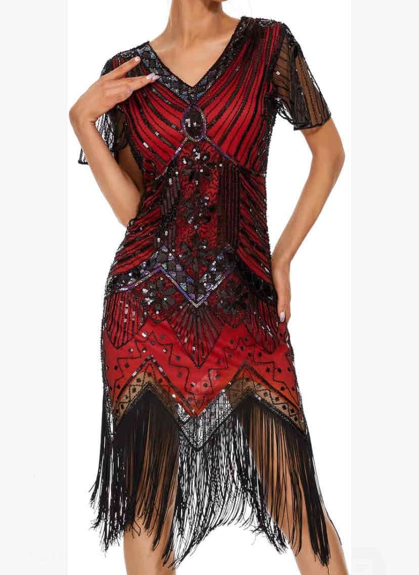 Vestido flecos rojo y negro - miniatura 4