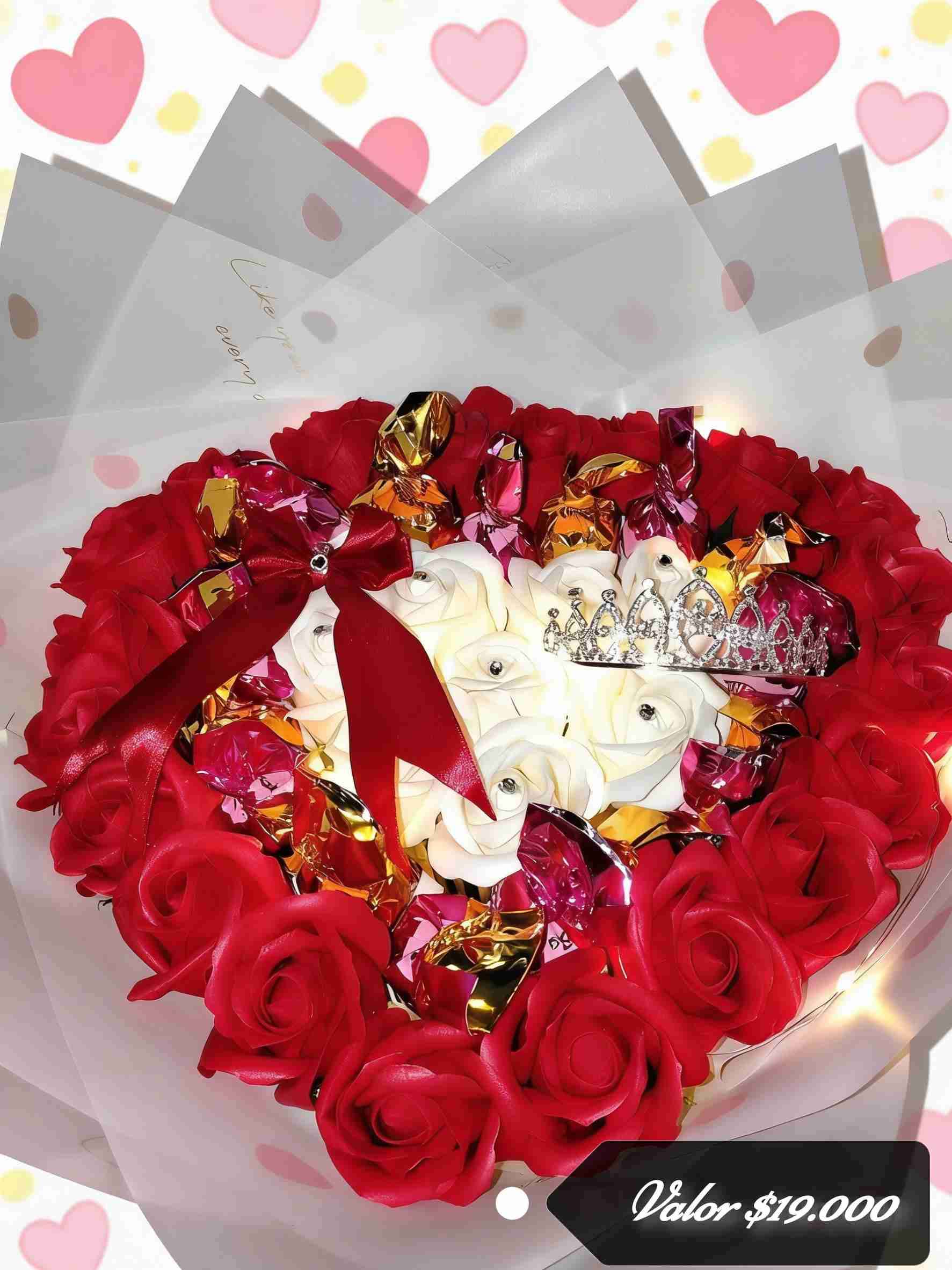 Ramo de rosas y bombones y corona