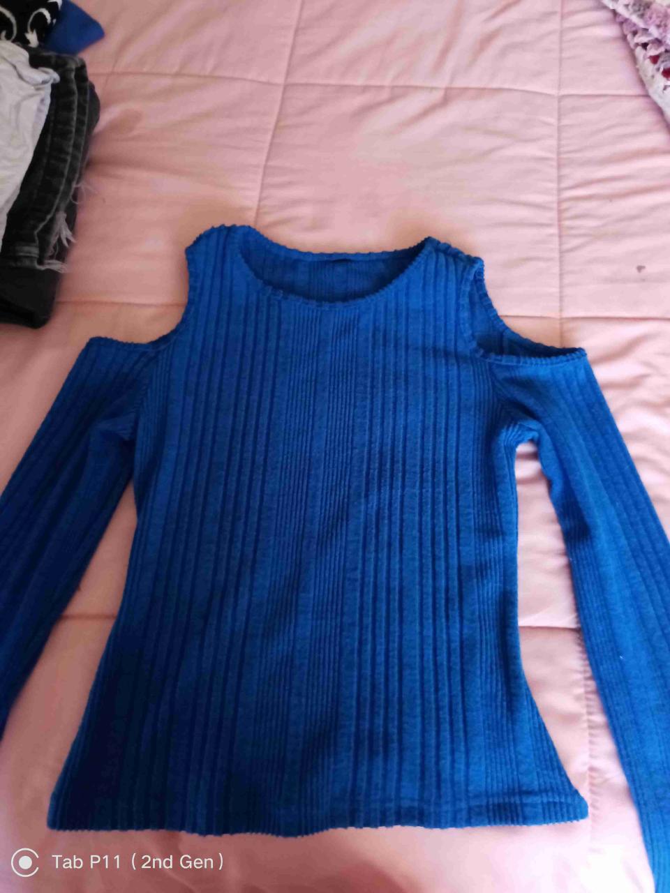 Polera sin hombros azul, tops verde y azul - miniatura 1