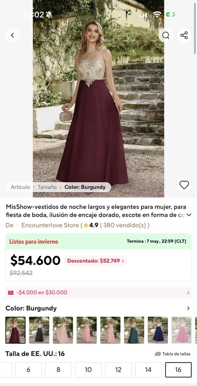 Vestido burdeo claro con encaje dorado - miniatura 5