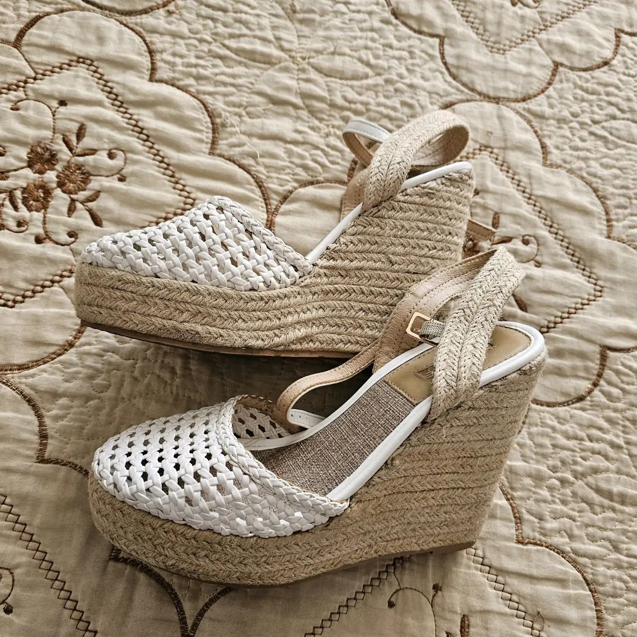 Sandalias cuña tejido blanco - miniatura 2
