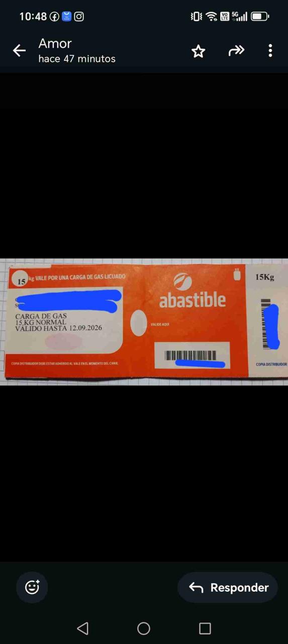 Vale de carga de gas Abastible 15kg