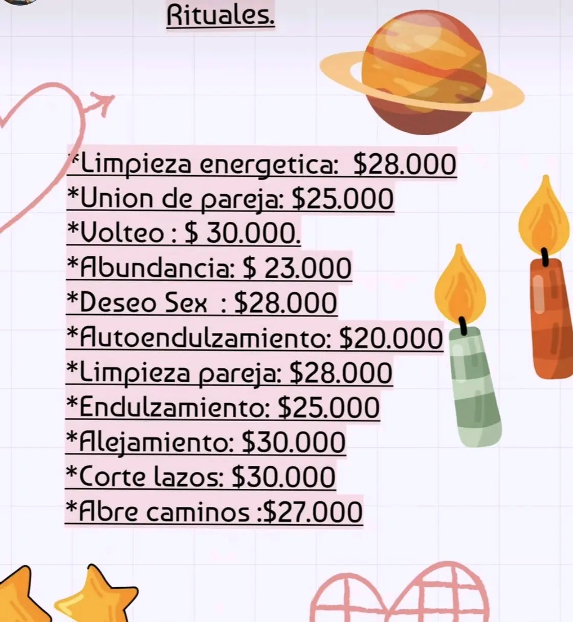 Lista de servicios de rituales