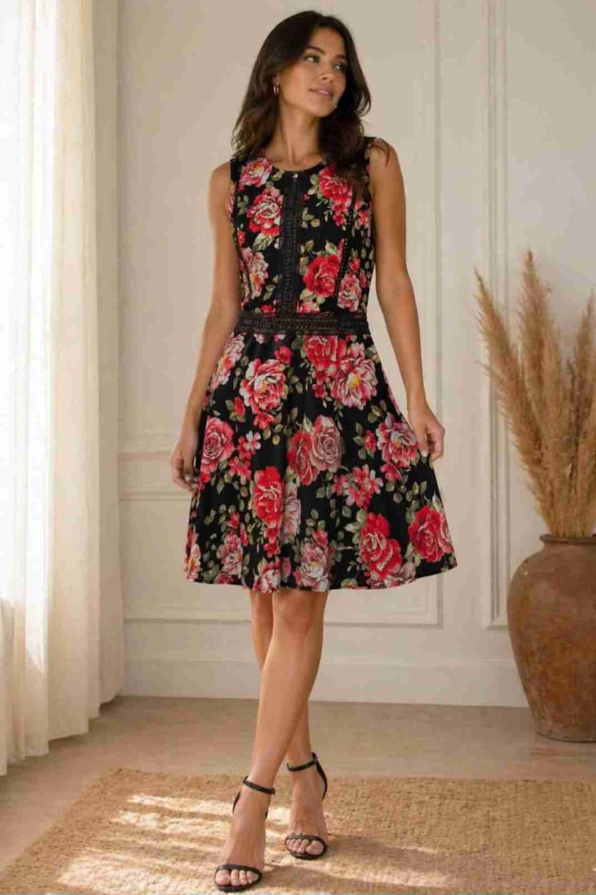 Vestido floral negro y rojo - miniatura 1