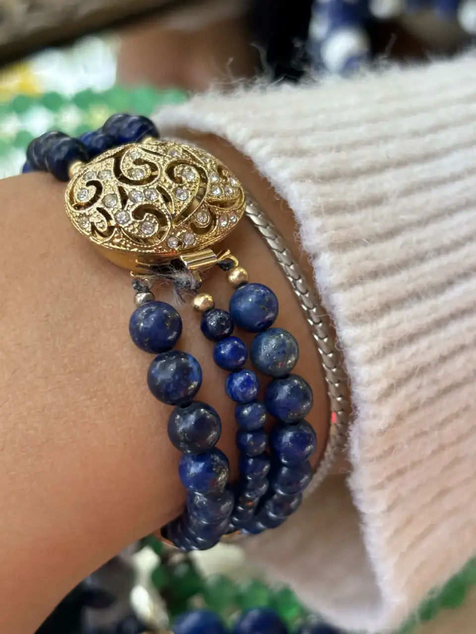 Pulsera tres  corridas de piedras lapislázuli - miniatura 2