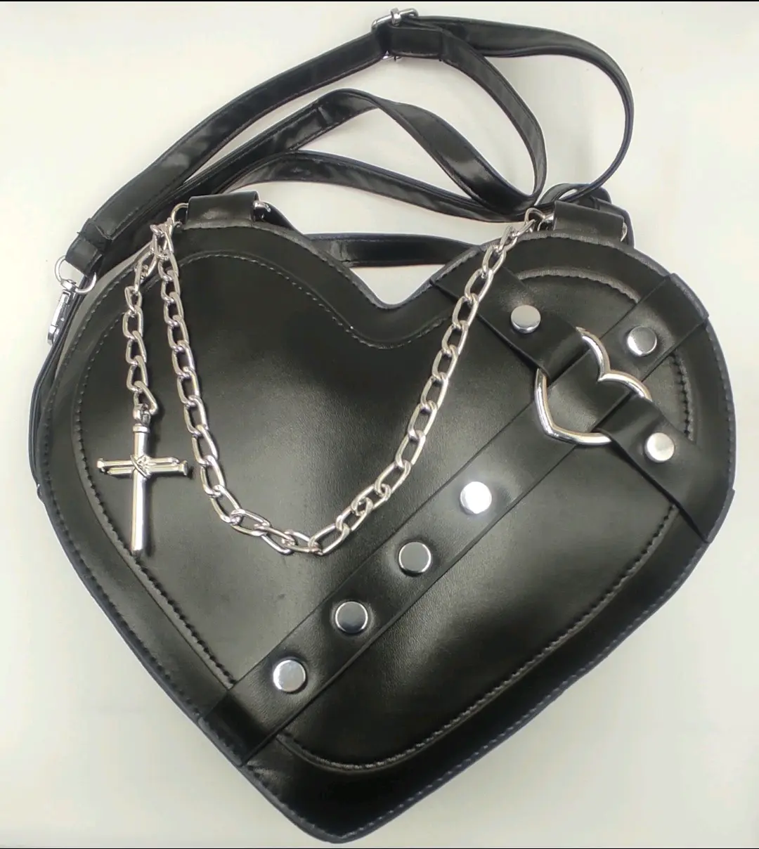 Cartera negra corazón con cadenas cruz punk rock - miniatura 2