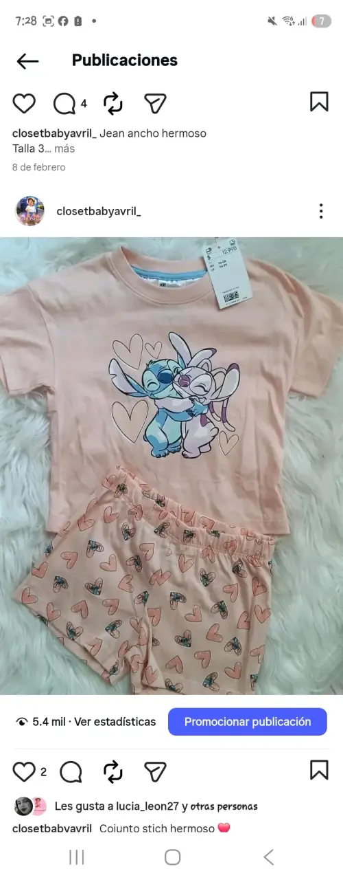 Pijama infantil Stitch rosa