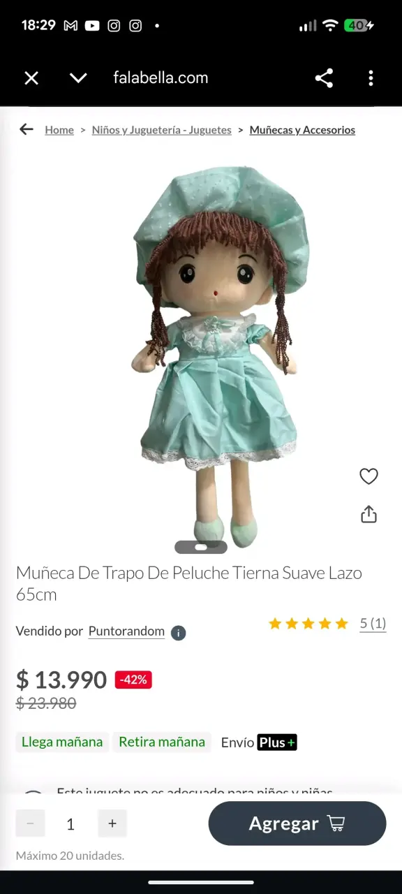 Muñeca de trapo con vestido celeste 50 cms - miniatura 3