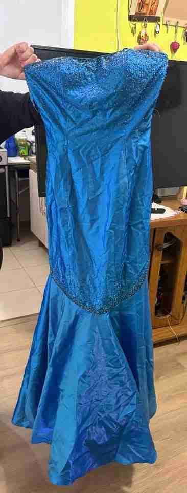 Vestido azul de gala con cristales - miniatura 4