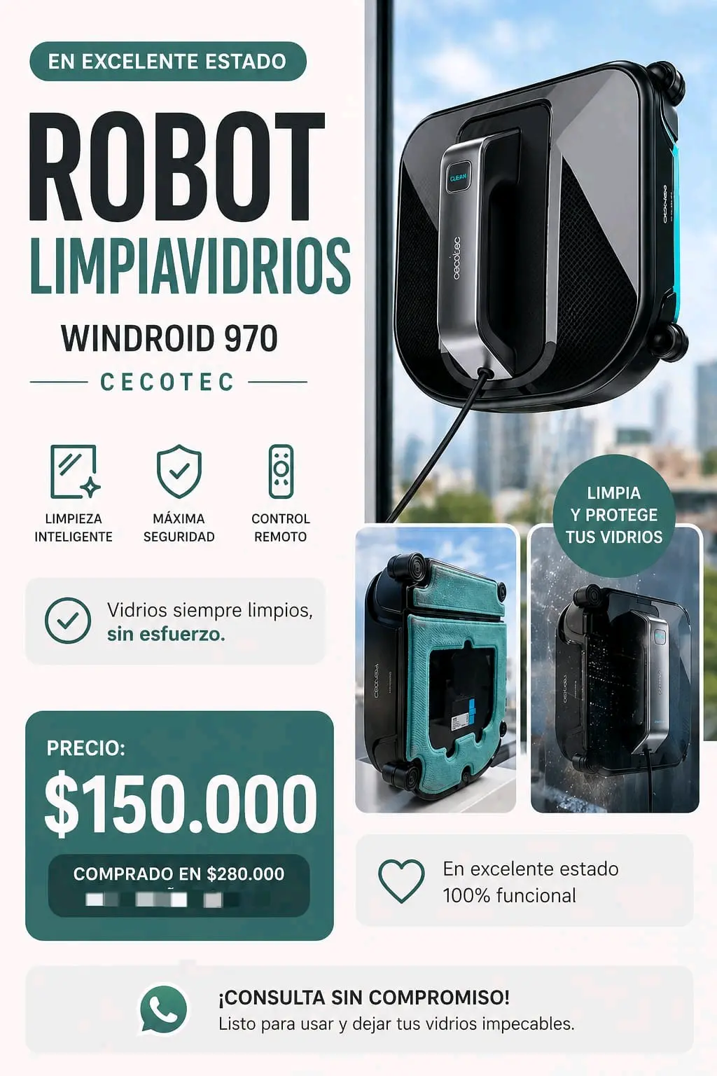 Robot limpiavidrios Cecotec Windroid 970