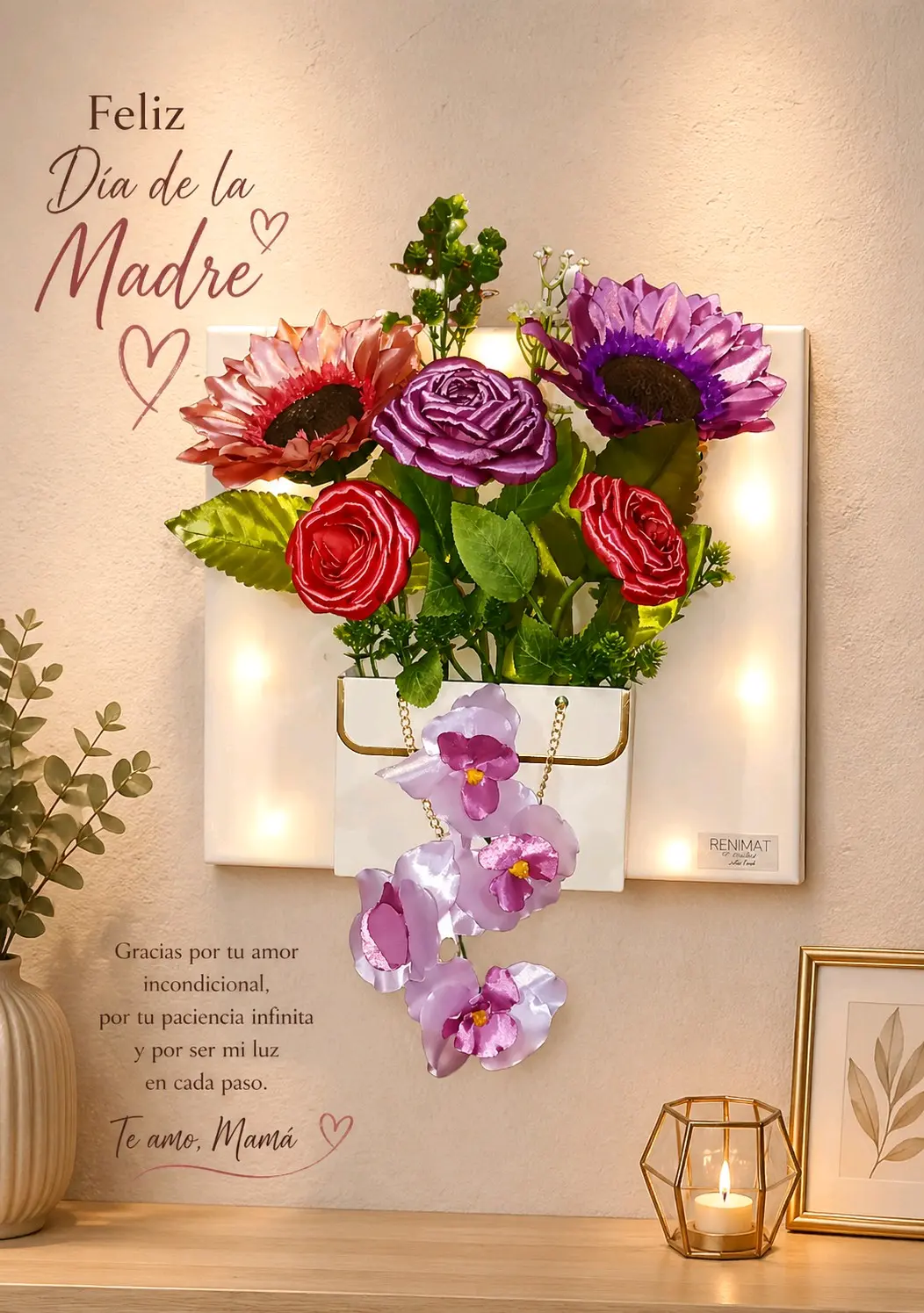 Cuadro decorativo con flores y luces