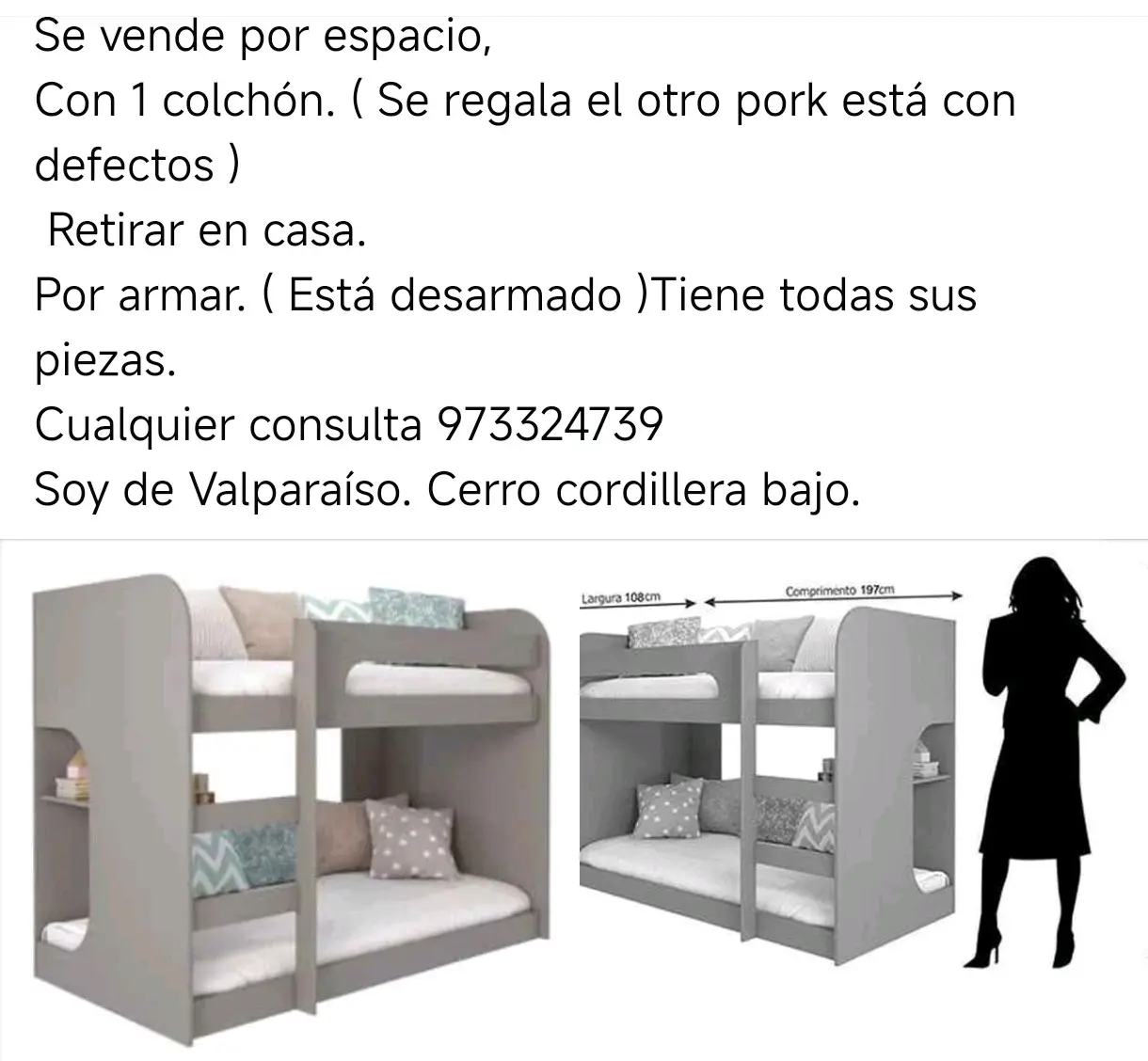 Camarote gris con colchón incluido